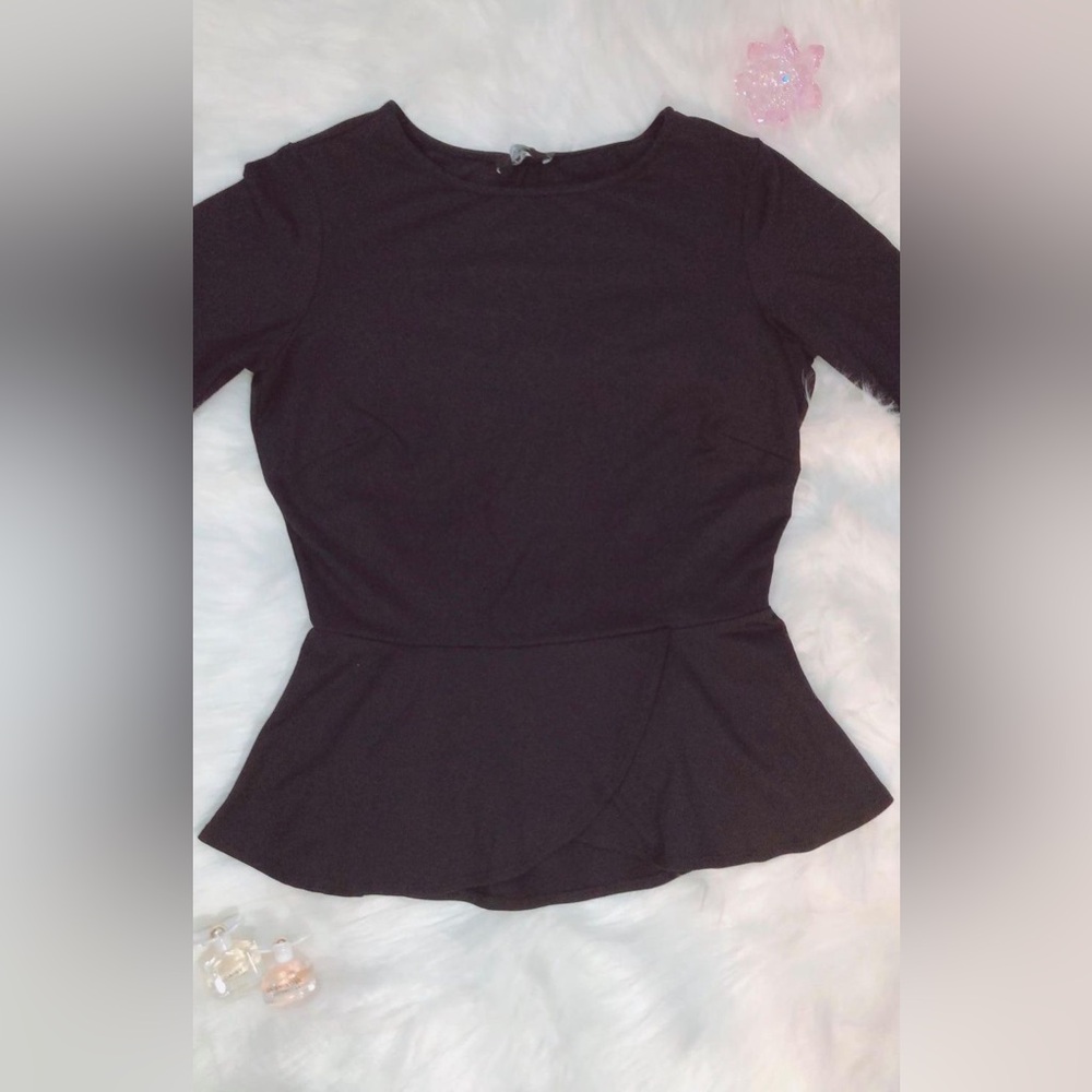 Bebe Black Long Sleeve Open Back Peplum Top
